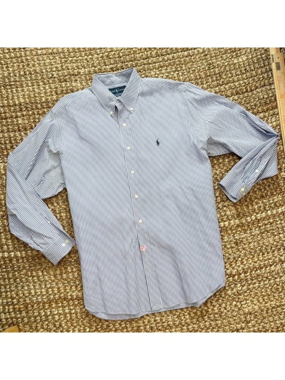 Ralph Lauren Mens Classic Fit Dress Shirt 17.5 34/35 Blue White Striped Cotton